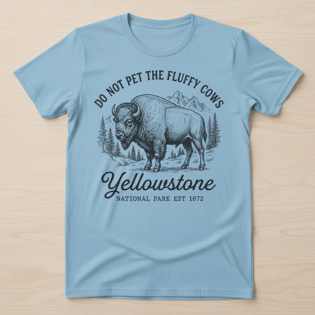 Do Not Pet The Fluffy Cows Yellowstone Bison Vintage Design T-Shirt - Light Blue