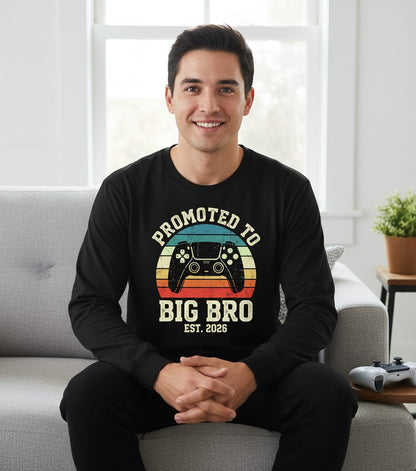 Promoted TO BIG BRO EST 2026 Retro Gaming Long Sleeve Tee - lifestyle model mockup - Black