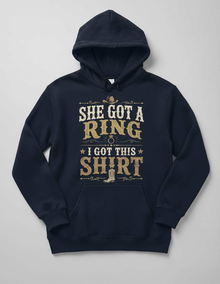 SHE GOT a RING I GOT THIS SHIRT Funny Bachelor Party Hoodie - product mockup - Navy