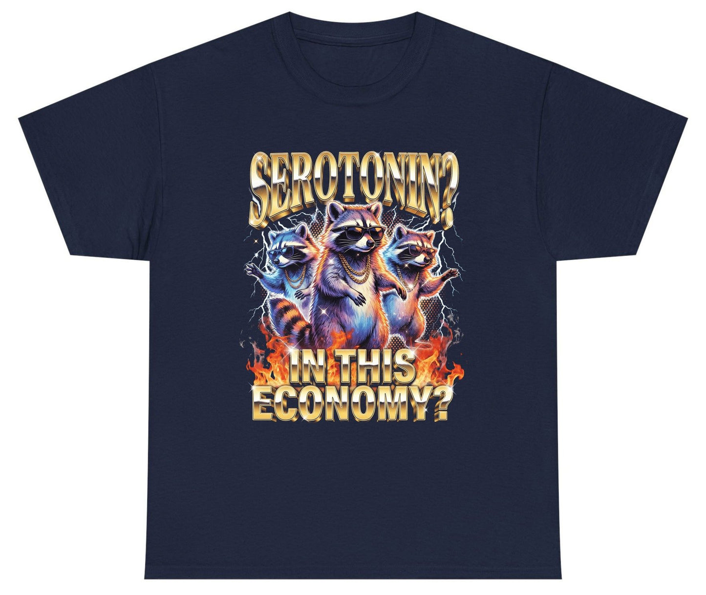 Serotonin in This Economy? raccoon Youth T-Shirt Navy product mockup