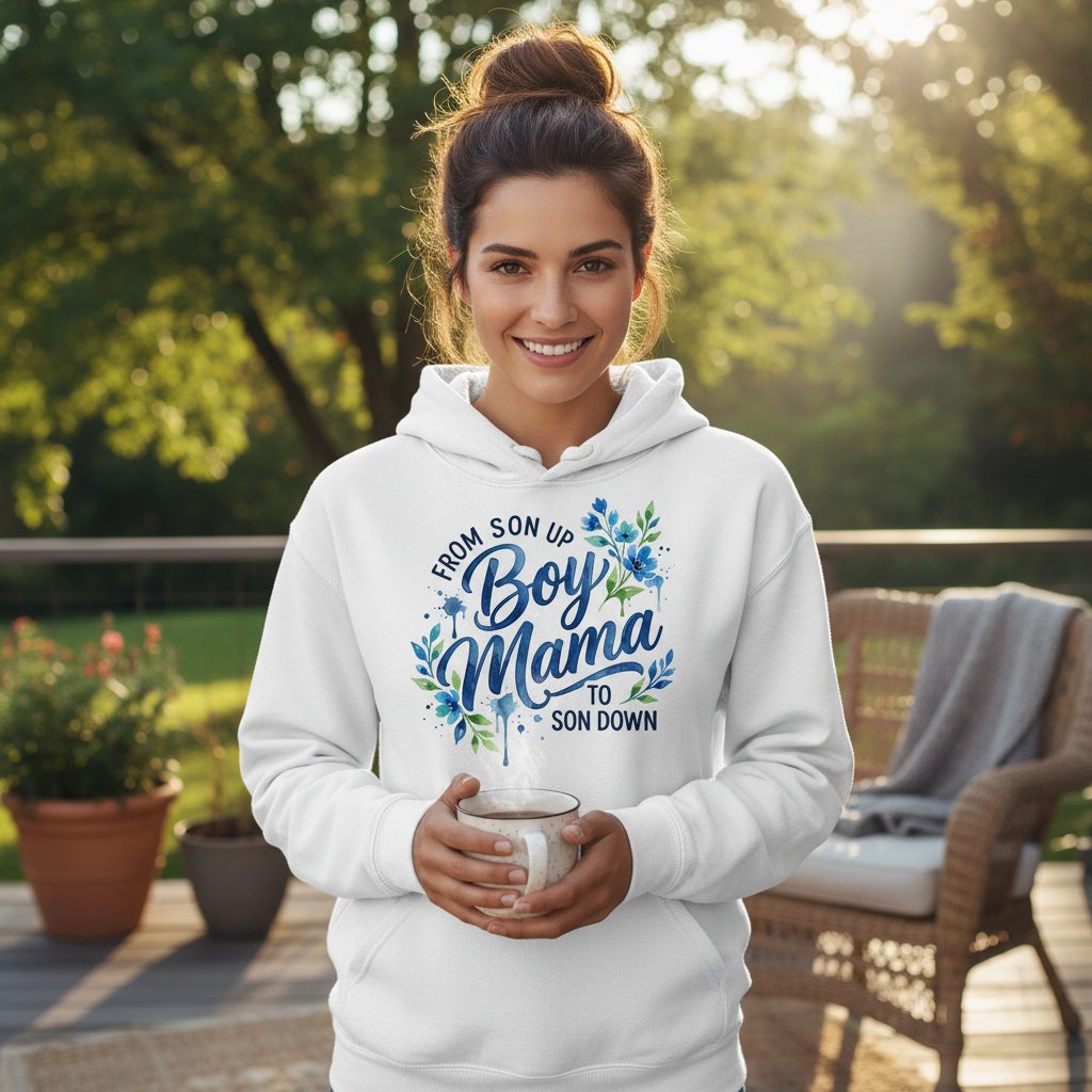 From Son Up Boy Mama to Son Down Moms Hoodie - lifestyle model mockup - White