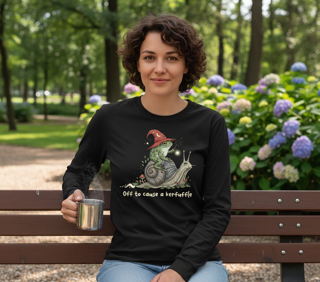 Off to Cause a Kerfuffle wizard frog Long Sleeve Tee Black lifestyle mockup