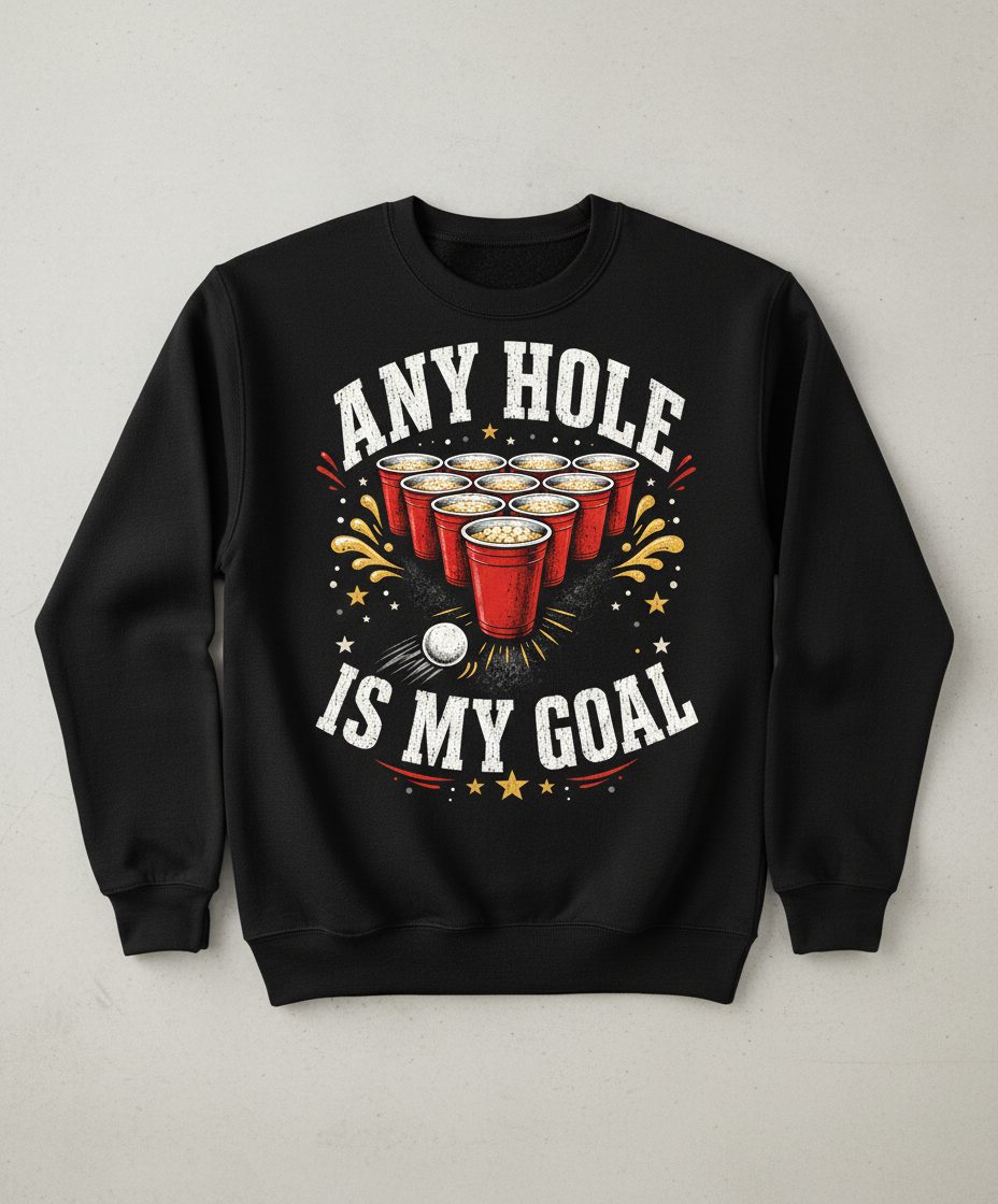 Any Hole Is My Goal Funny Beer Pong Sweatshirt - product mockup - Black