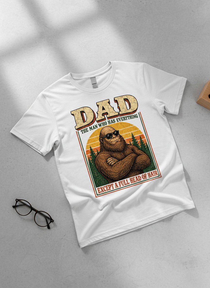 Dad the Man Who Has Everything Except a Full Head of Hair Funny Bigfoot T-Shirt - product mockup - White