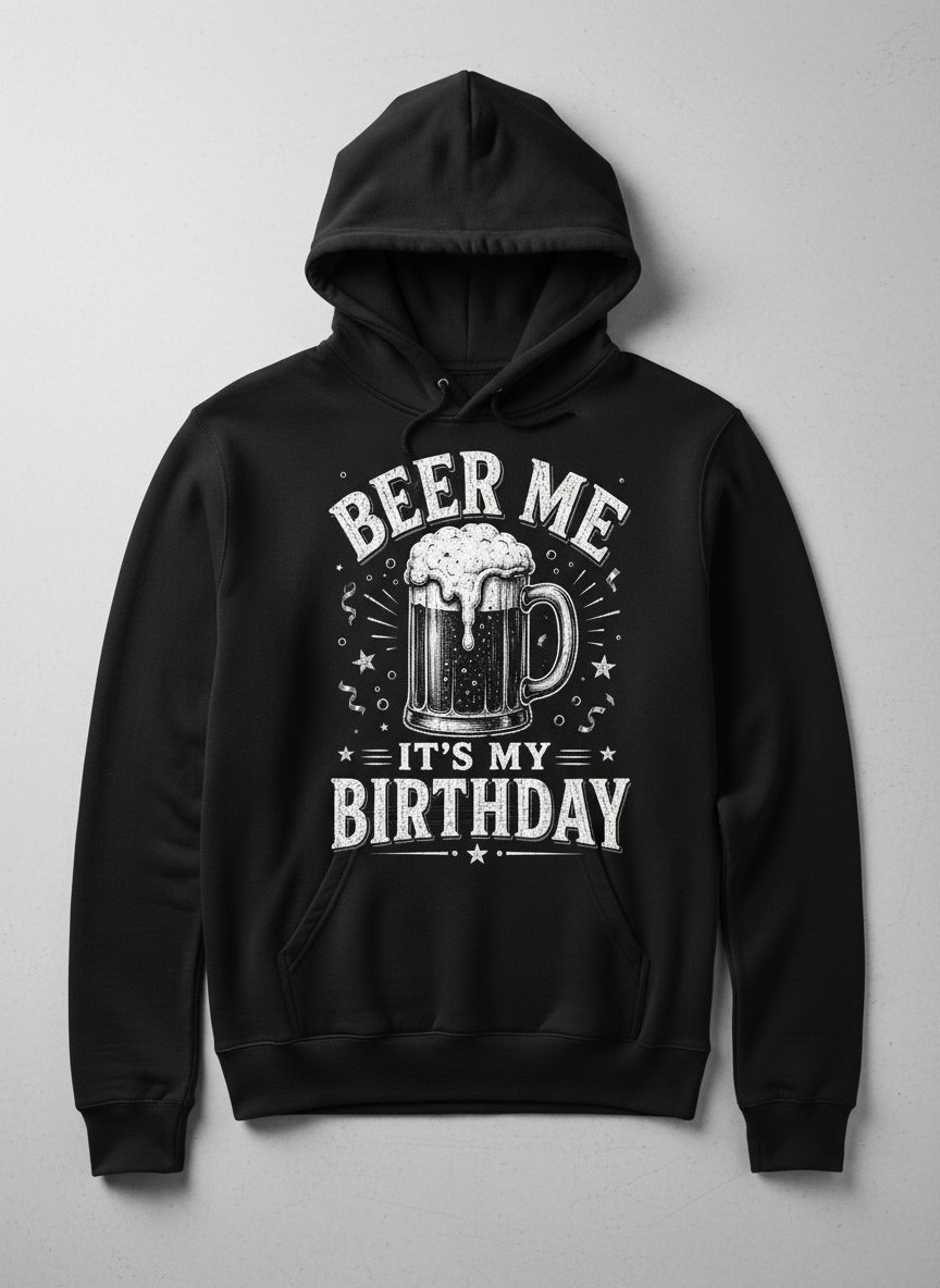Beer Me It's My Birthday Funny Person Hoodie - product mockup - Black