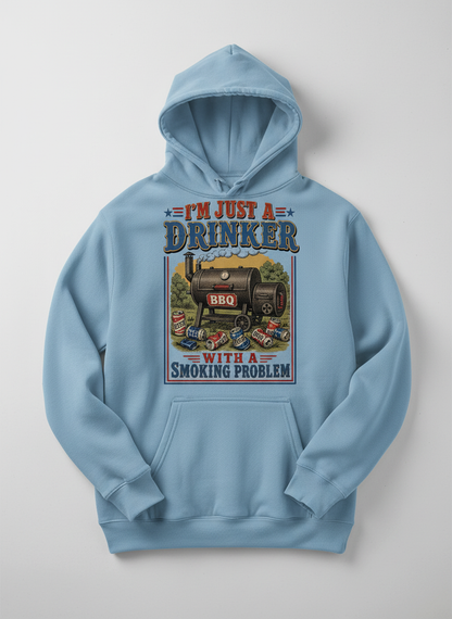 I'M JUST A DRINKER WITH A SMOKING PROBLEM Funny Drinker With A Smoking Problem BBQ Hoodie - product mockup - Light Blue