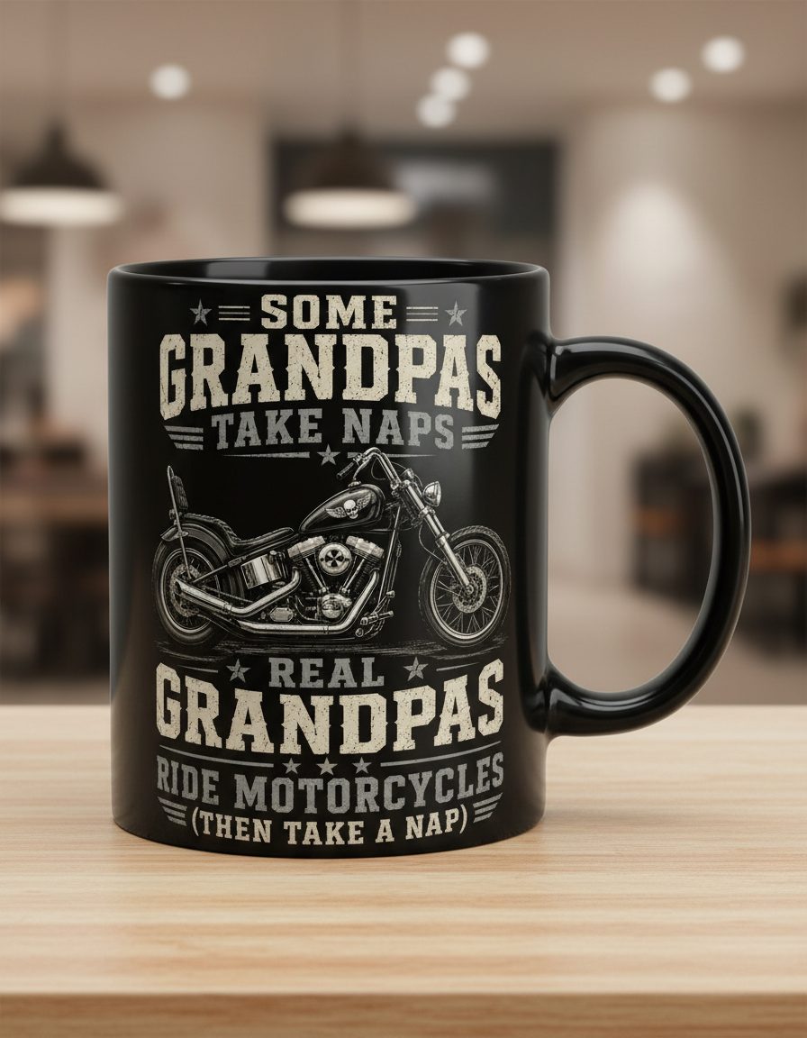 Some Grandpas Take Naps Real Grandpas Ride Motorcycles (then Take a Nap) Funny Biker Black Mug - product mockup - Black