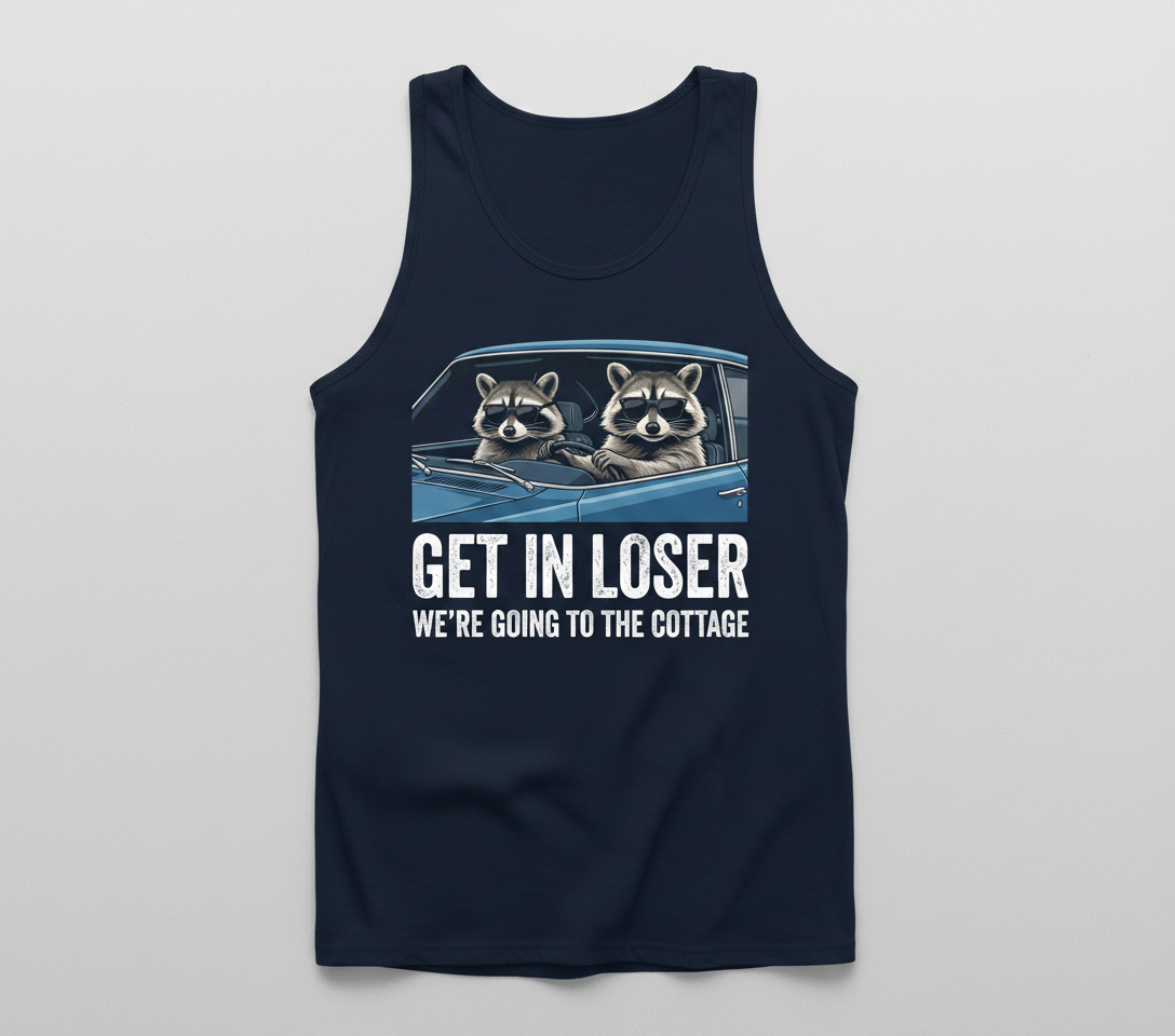 Funny Raccoon Get In Loser We're Going To The Cottage Tank Top - Navy