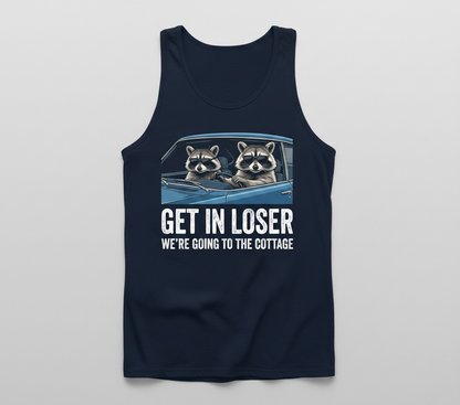 Funny Raccoon Get In Loser We're Going To The Cottage Tank Top - Navy