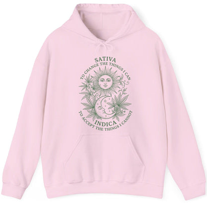SATIVA TO CHANGE THE THINGS I CAN INDICA TO ACCEPT THE THINGS I Hoodie - product mockup - Light Pink