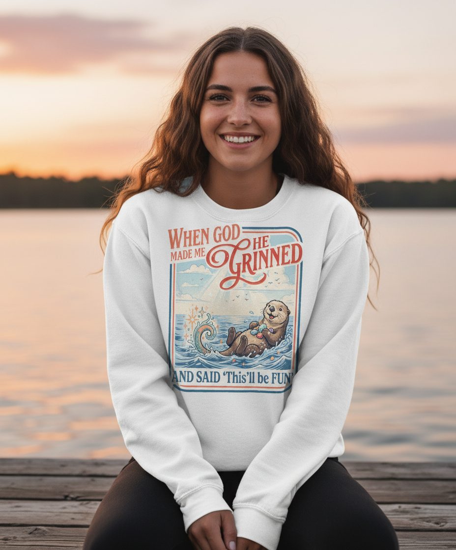 When God Made Me He Grinned and Said 'This'll Be FUN' Sweatshirt - lifestyle model mockup - White