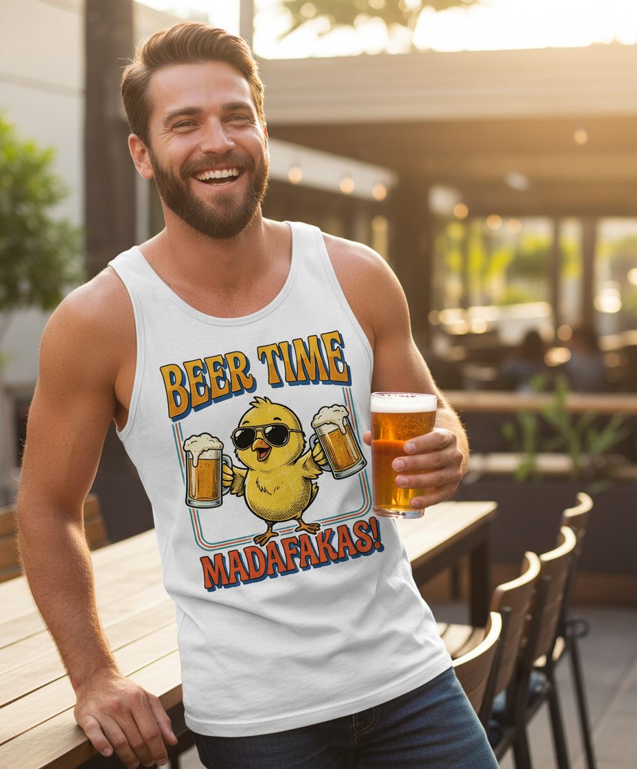 Funny Chick drinking beer Chick Tank Top - lifestyle model mockup - White