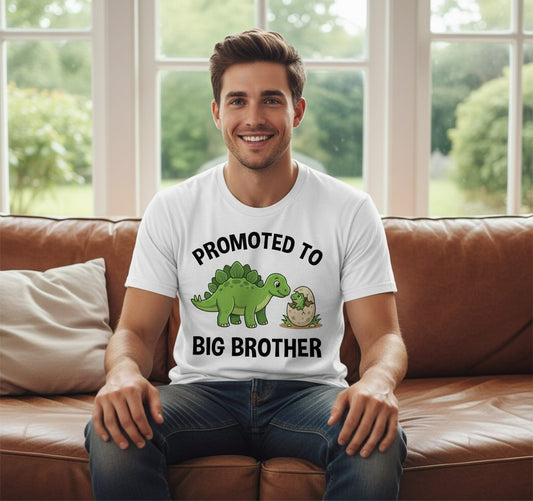 Promoted to Big Brother Dinosaur T-Shirt - lifestyle model mockup - White