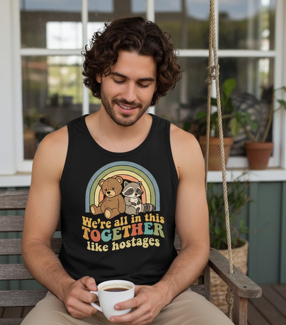 We're All in This Together Like Hostages sarcastic humor Tank Top Black lifestyle mockup