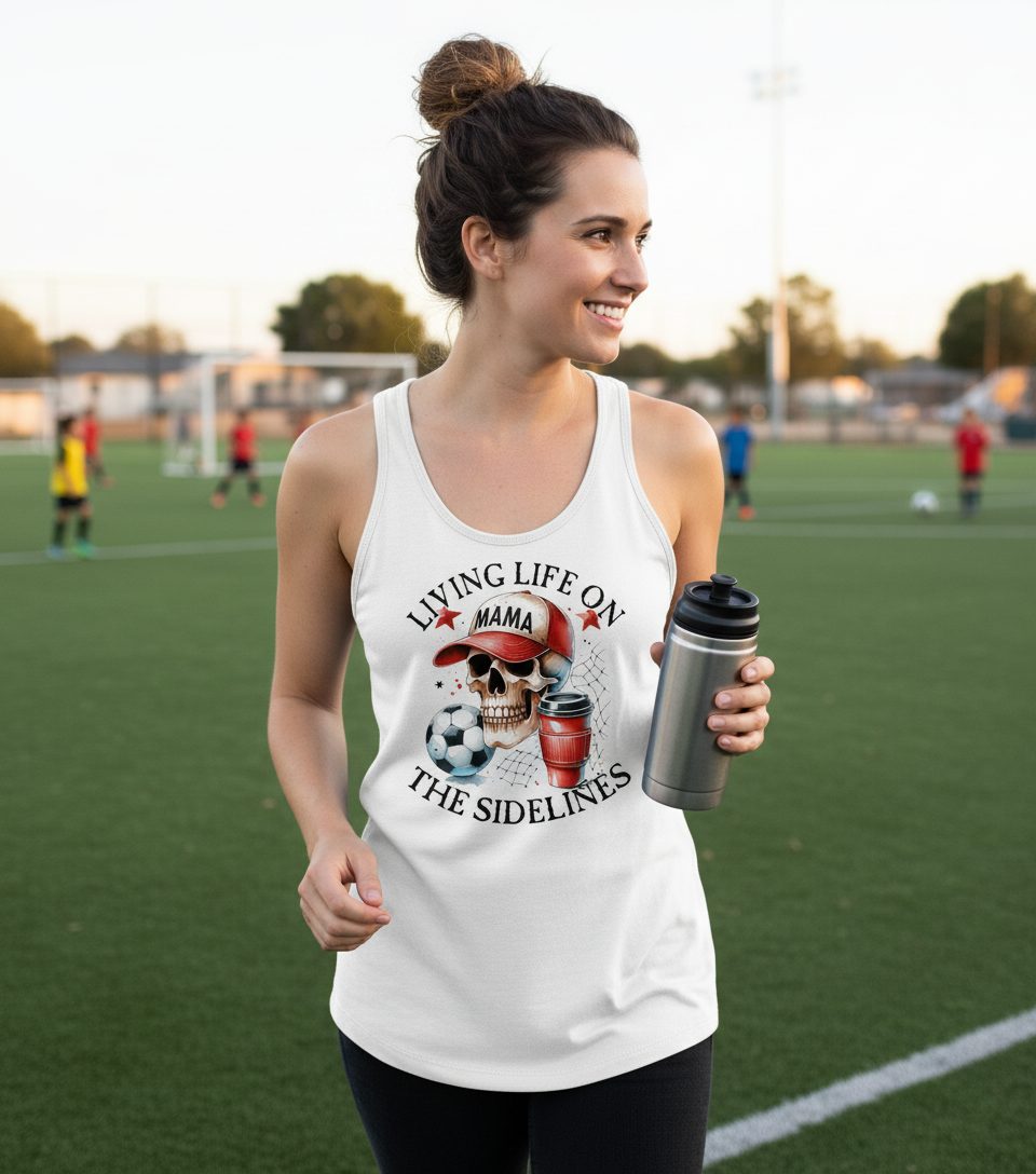 Living Life on the Sidelines soccer mom Tank Top White lifestyle mockup