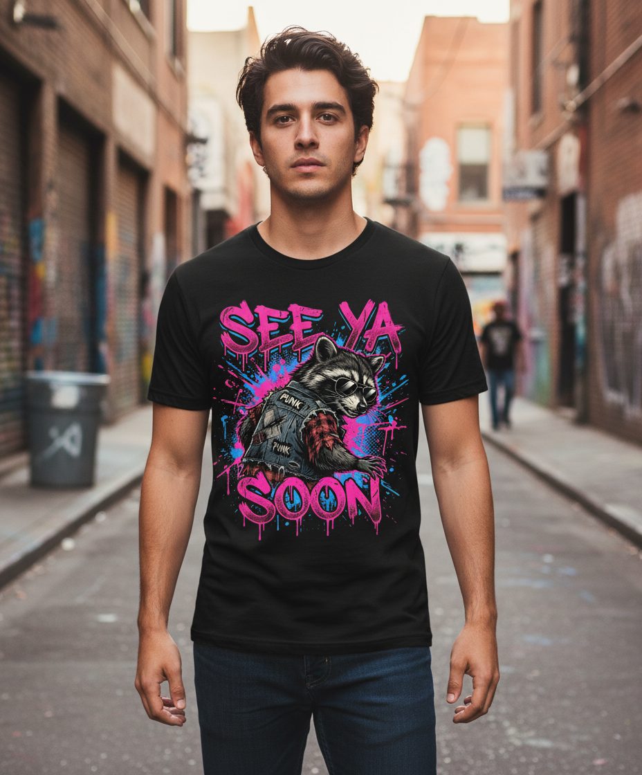 See Ya Soon Raccoon T-Shirt - lifestyle model mockup - Black