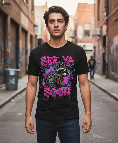 See Ya Soon Raccoon T-Shirt - lifestyle model mockup - Black
