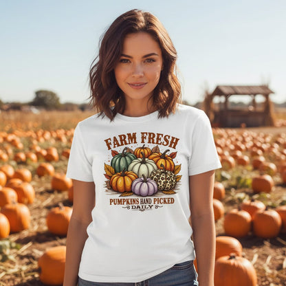 Farm Fresh Pumpkins Hand Picked Daily autumn pumpkins T-Shirt White lifestyle mockup