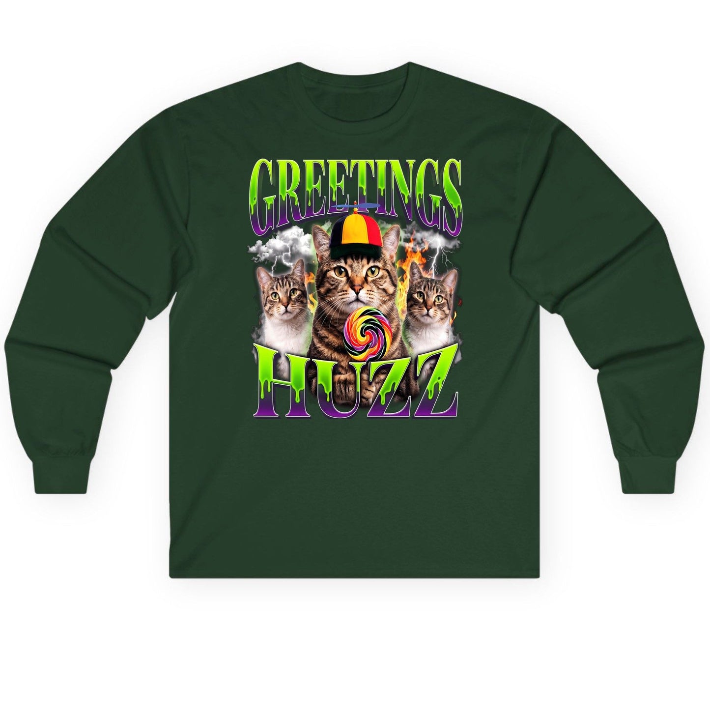 Greetings HUZZ Funny Cat Long Sleeve Tee - product mockup - Forest Green