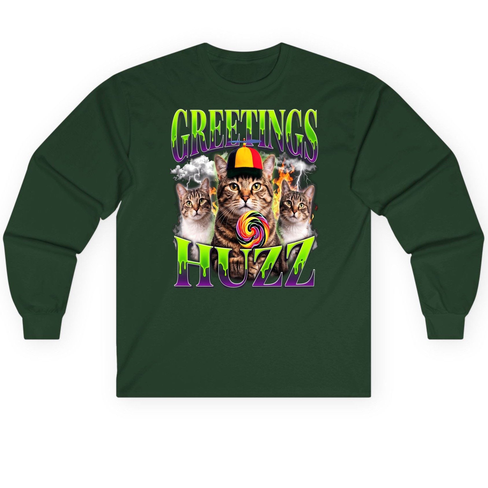 Greetings HUZZ Funny Cat Long Sleeve Tee - product mockup - Forest Green