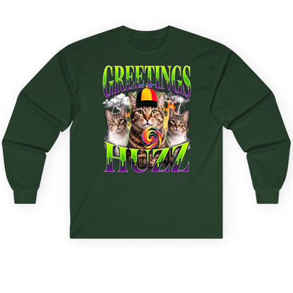 Greetings HUZZ Funny Cat Long Sleeve Tee - product mockup - Forest Green