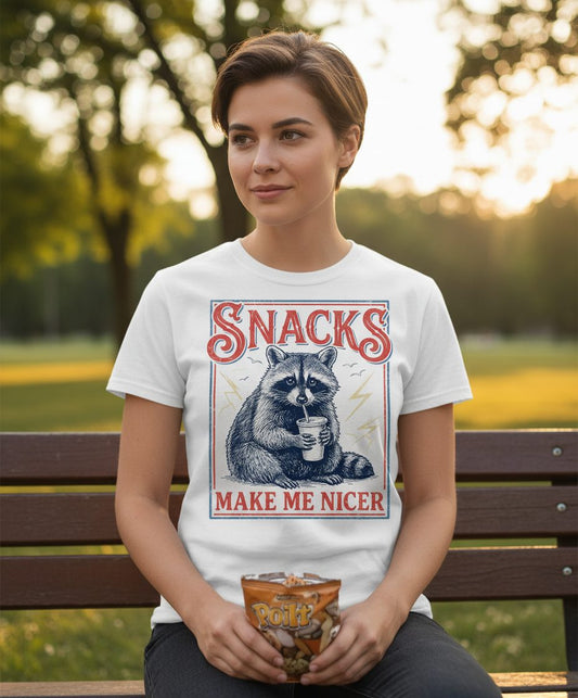 SNACKS MAKE ME NICER Funny Raccoon T-Shirt - lifestyle model mockup - White
