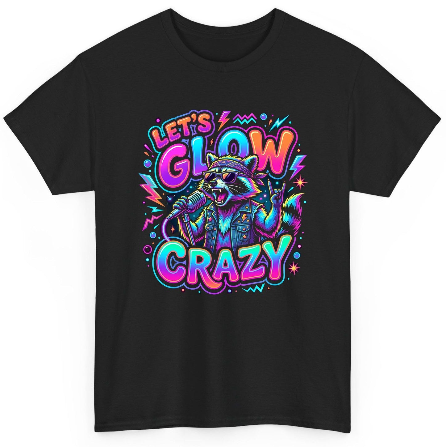 Let's Glow Crazy Funny Rockstar Raccoon T-Shirt - product mockup - Black