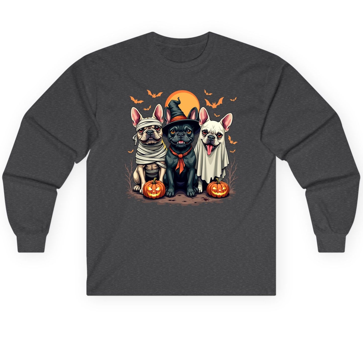 Halloween French Bulldogs Costumes french bulldogs Long Sleeve Tee Dark Heather product mockup