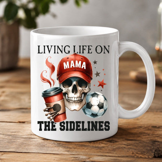 Mama Living Life on the Sidelines soccer mom White Mug White product mockup