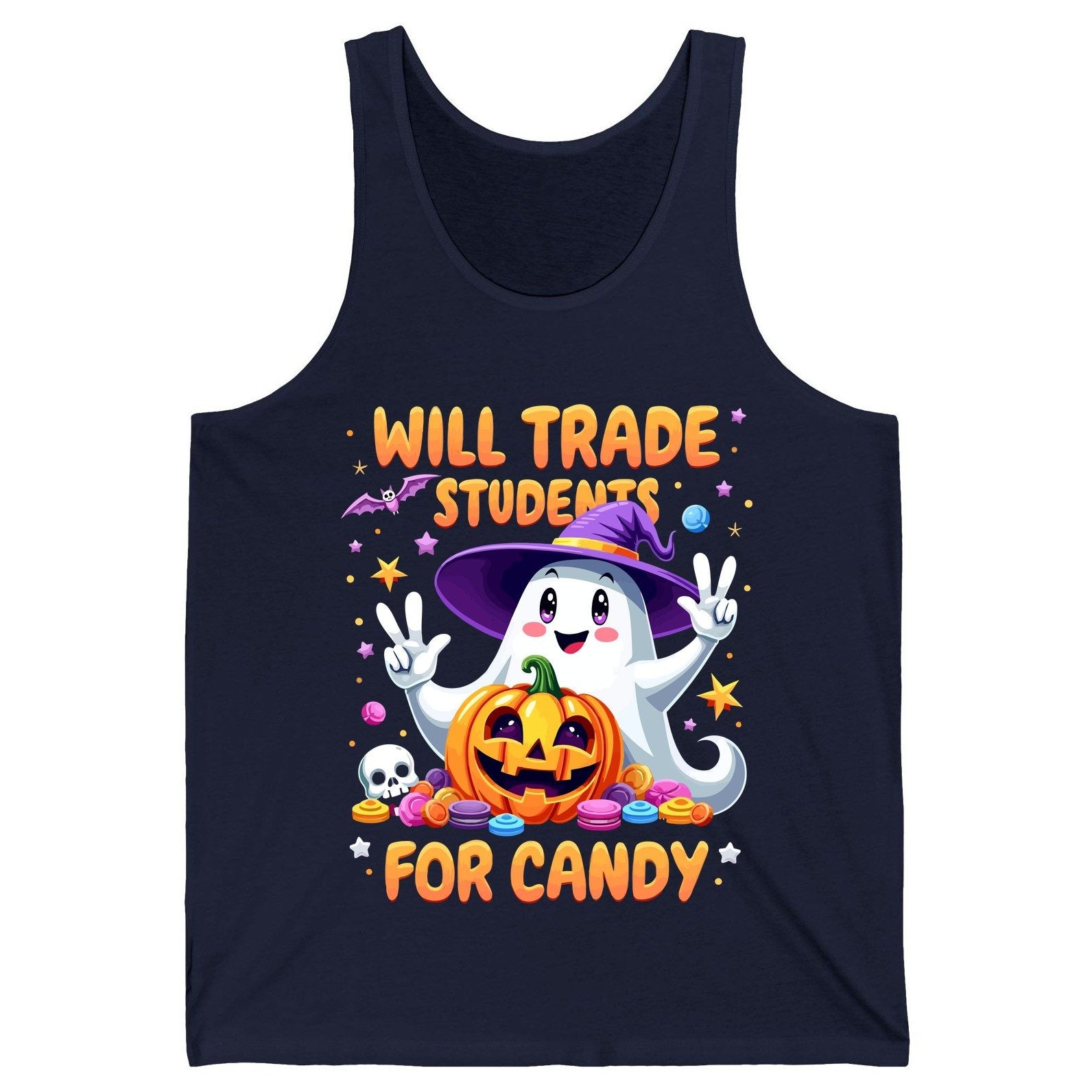 Will Trade Students for Candy teacher Halloween Tank Top Navy product mockup