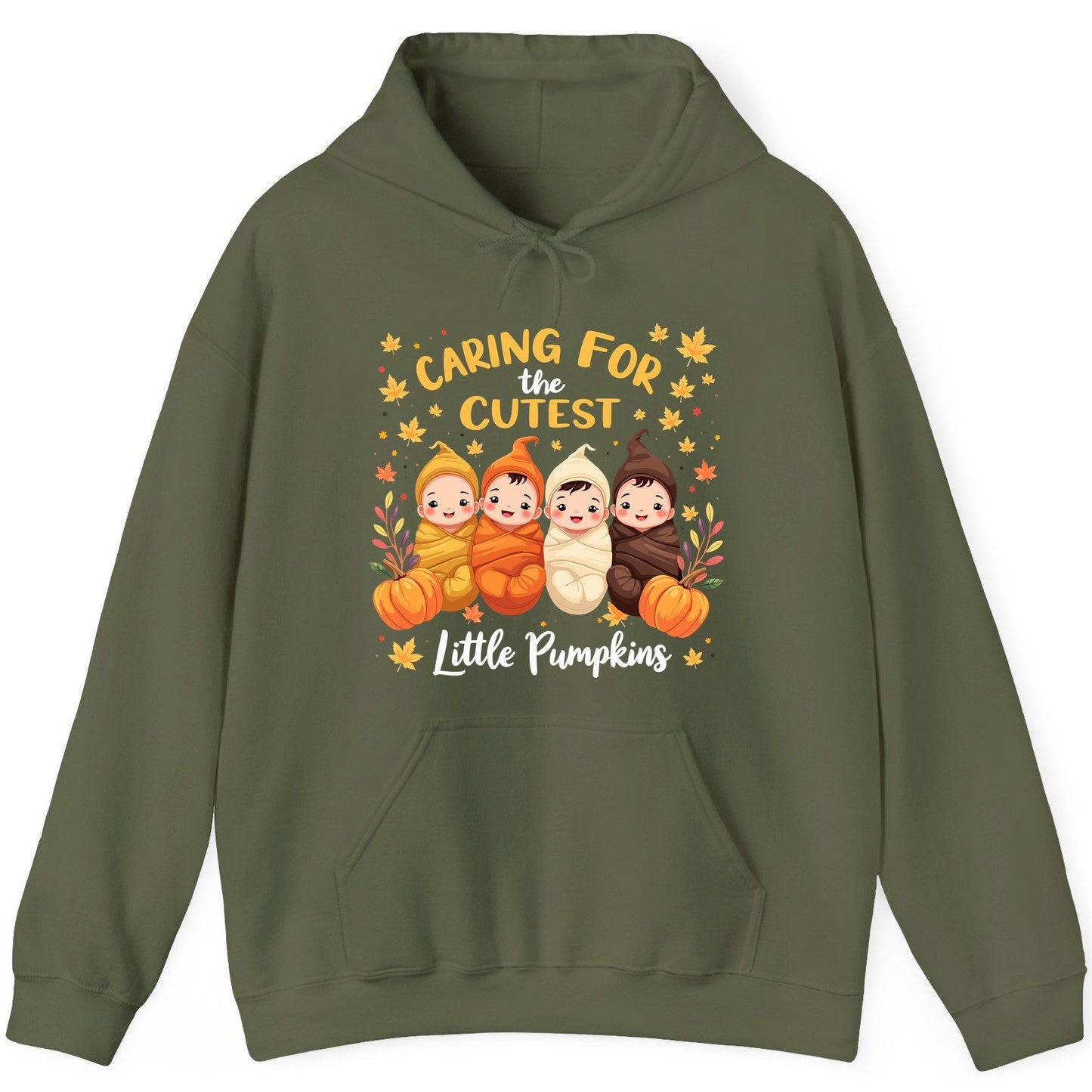 Caring for the Cutest Little Pumpkins swaddled babies Hoodie Military Green product mockup