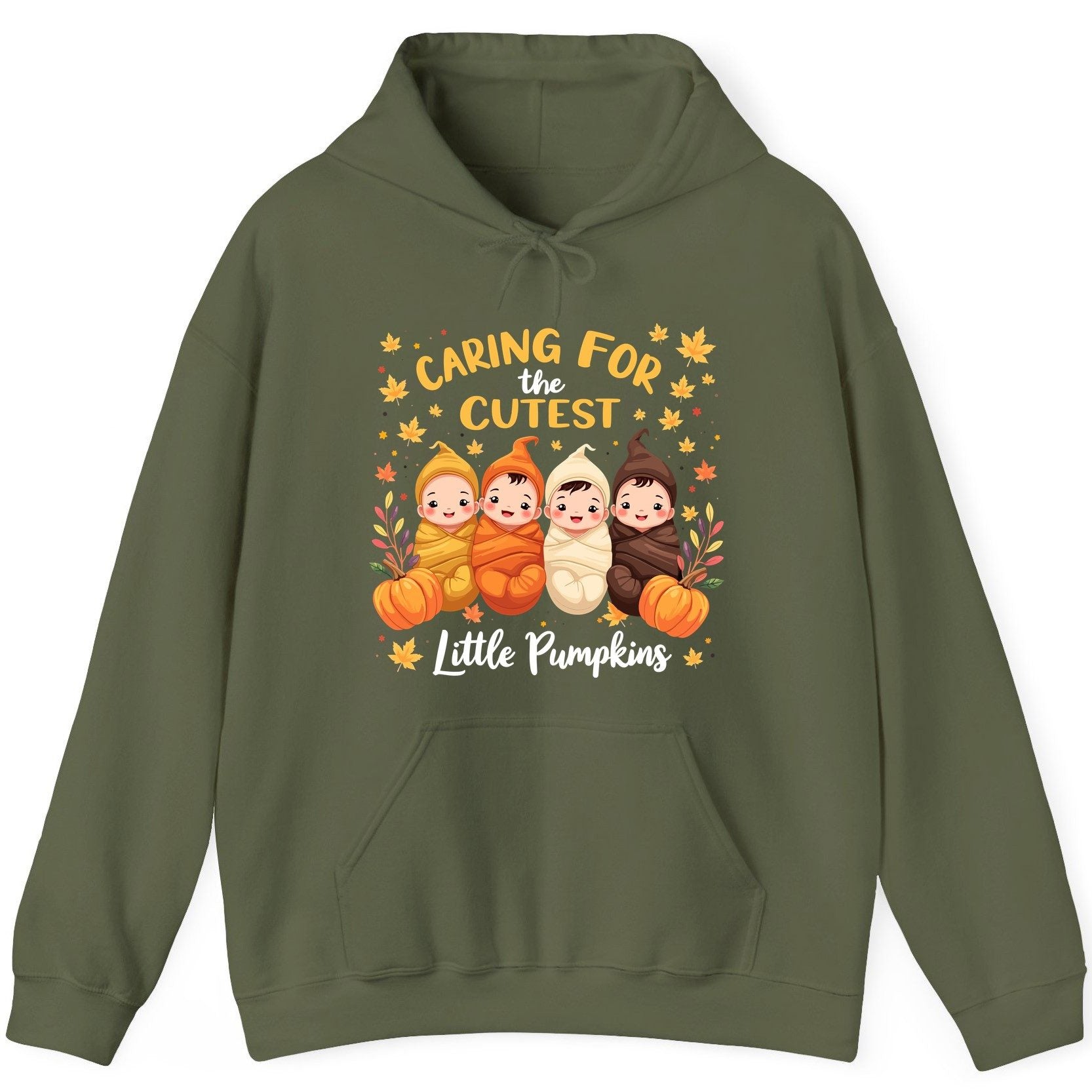 Caring for the Cutest Little Pumpkins swaddled babies Hoodie Military Green product mockup