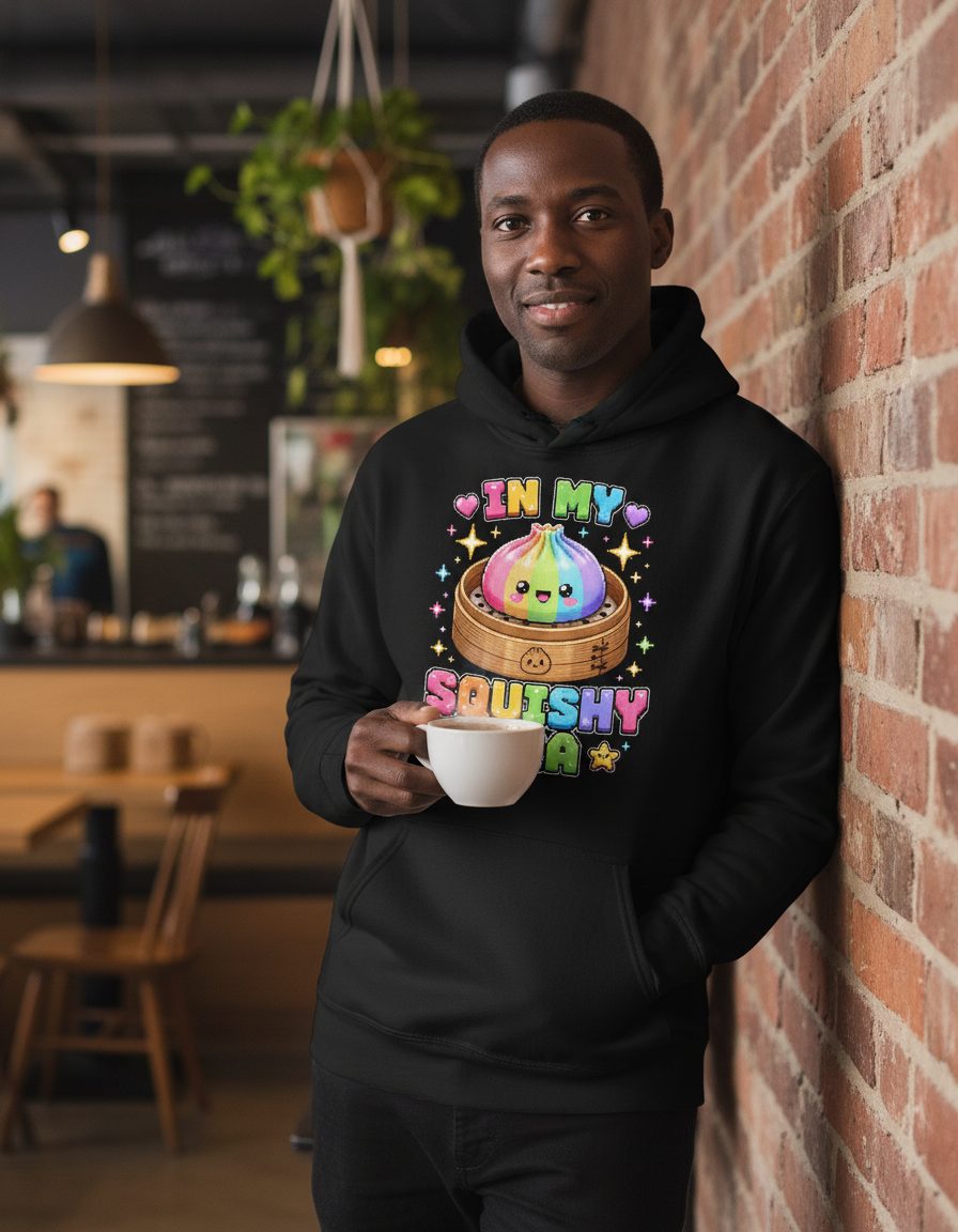 In My Squishy Era Retro Kawaii Dumpling Hoodie - lifestyle model mockup - Black