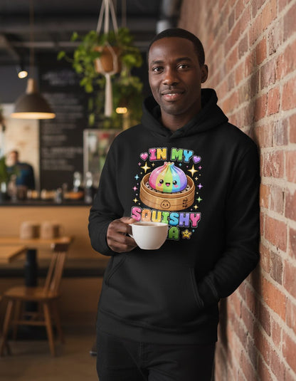 In My Squishy Era Retro Kawaii Dumpling Hoodie - lifestyle model mockup - Black