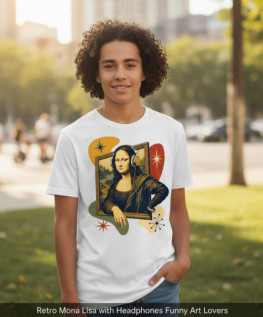 Retro Mona Lisa with Headphones Funny Art Lovers Youth T-Shirt - lifestyle model mockup - White