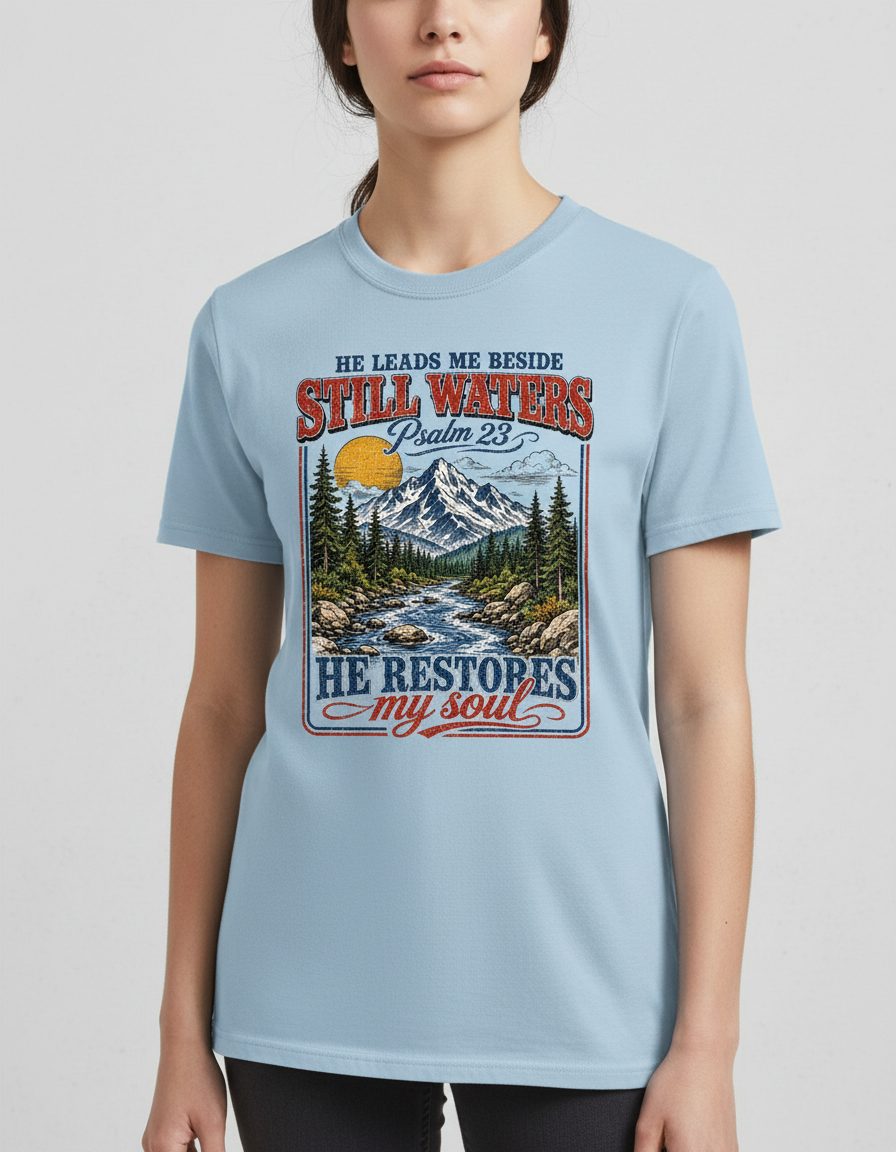 He Leads Me Beside Still Waters Psalm 23 He Restores My Soul T-Shirt - product mockup - Light Blue