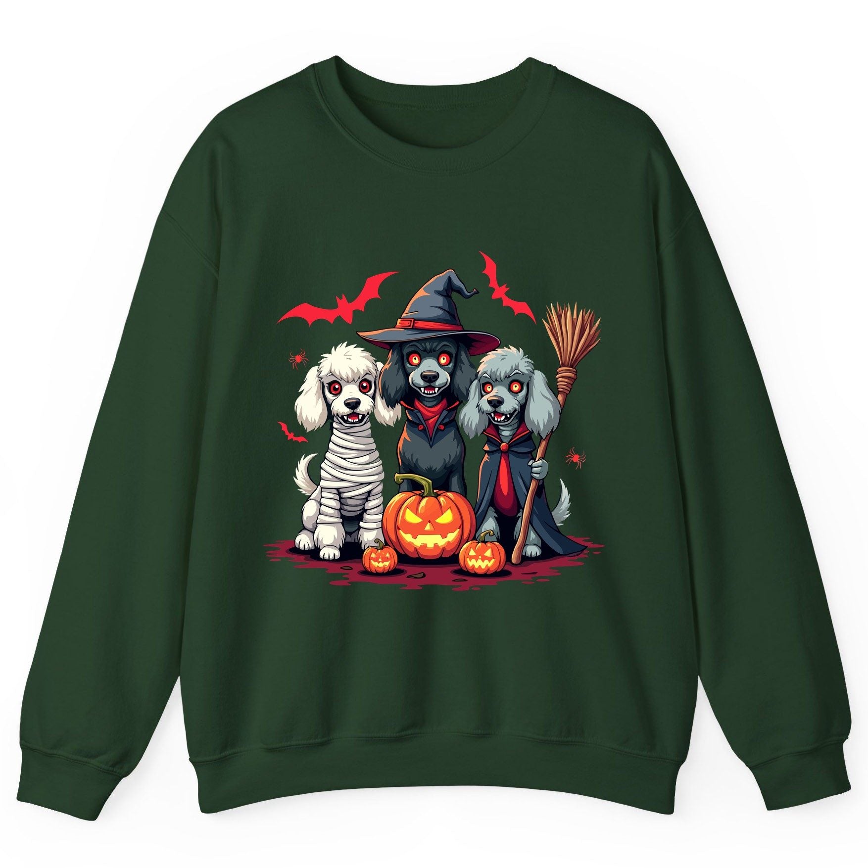 Spooky Poodle Trio Halloween dogs Sweatshirt Forest Green product mockup