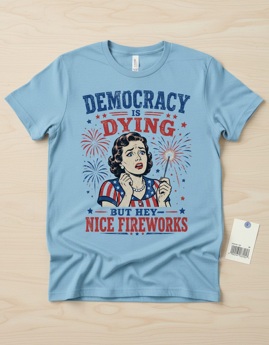 Democracy Is Dying but Hey Nice Fireworks T-Shirt - product mockup - Light Blue