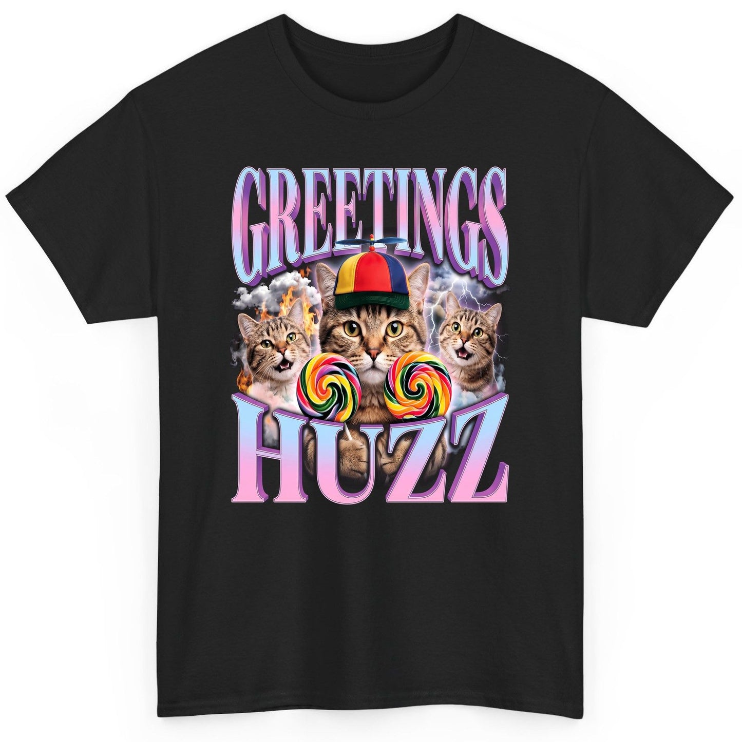 Greetings Huzz Funny Cats T-Shirt - product mockup - Black