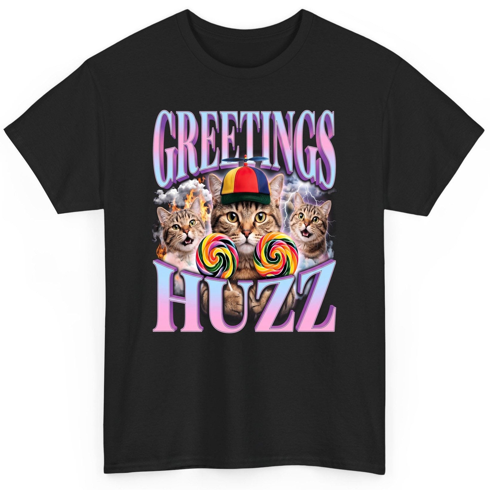 Greetings Huzz Funny Cats T-Shirt - product mockup - Black