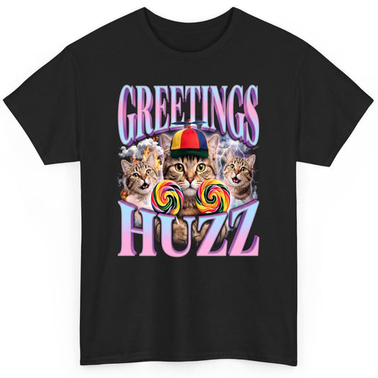 Greetings Huzz Funny Cats T-Shirt - product mockup - Black