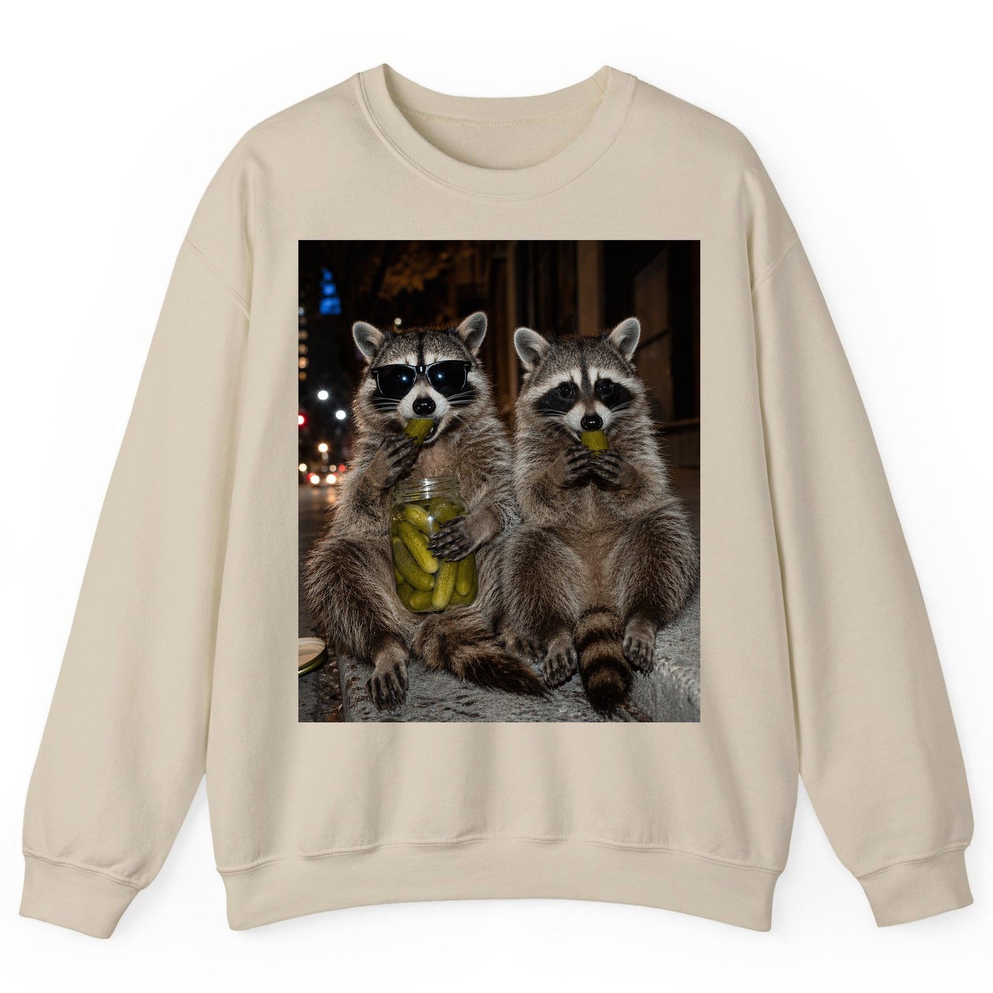 Raccoons Eating Pickles Funny Animal Lovers Sweatshirt - product mockup - Sand