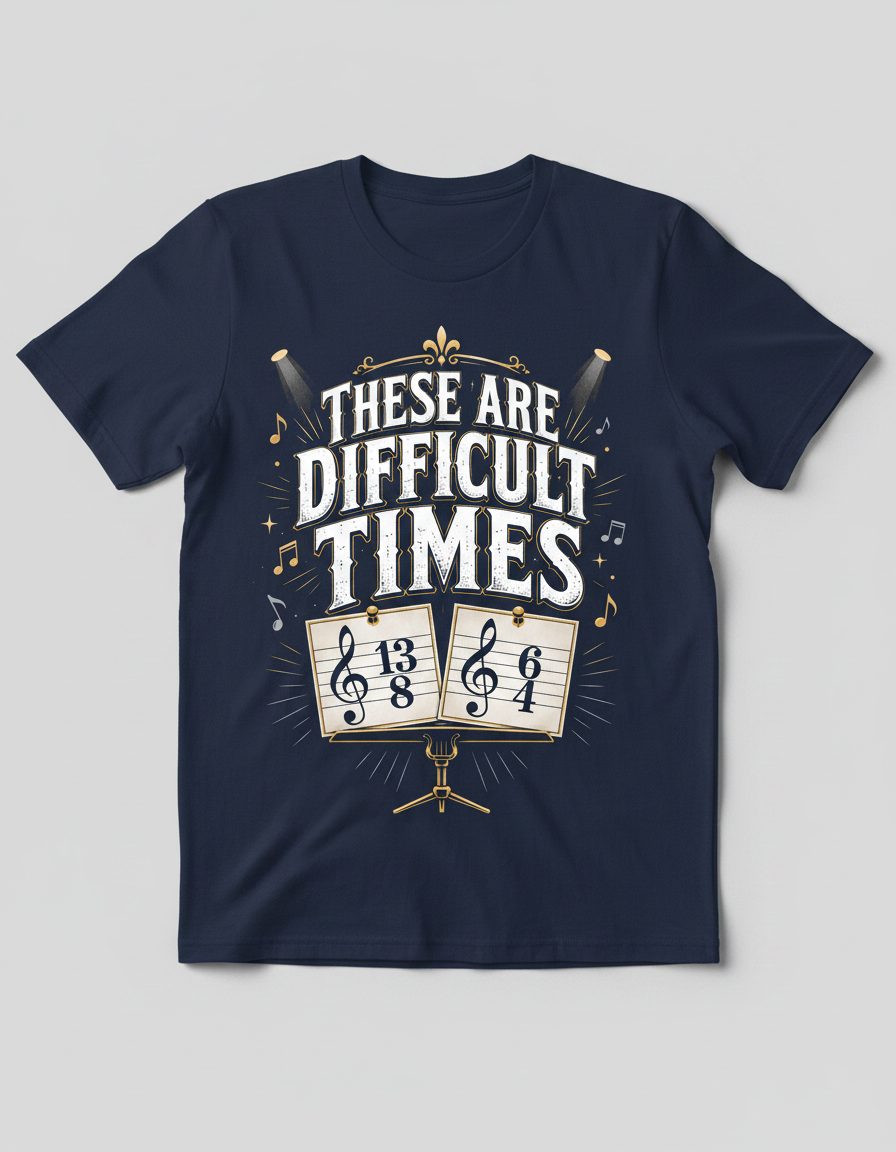 THESE ARE Difficult TIMES Funny Music Humor T-Shirt - product mockup - Navy