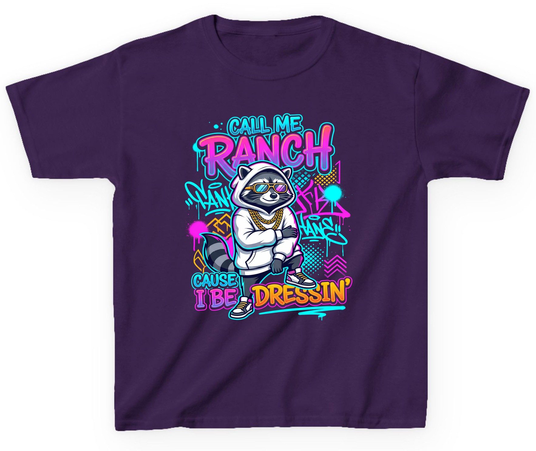 Call Me Ranch Cause I Be Dressin' raccoon Youth T-Shirt Purple product mockup