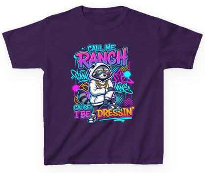 Call Me Ranch Cause I Be Dressin' raccoon Youth T-Shirt Purple product mockup