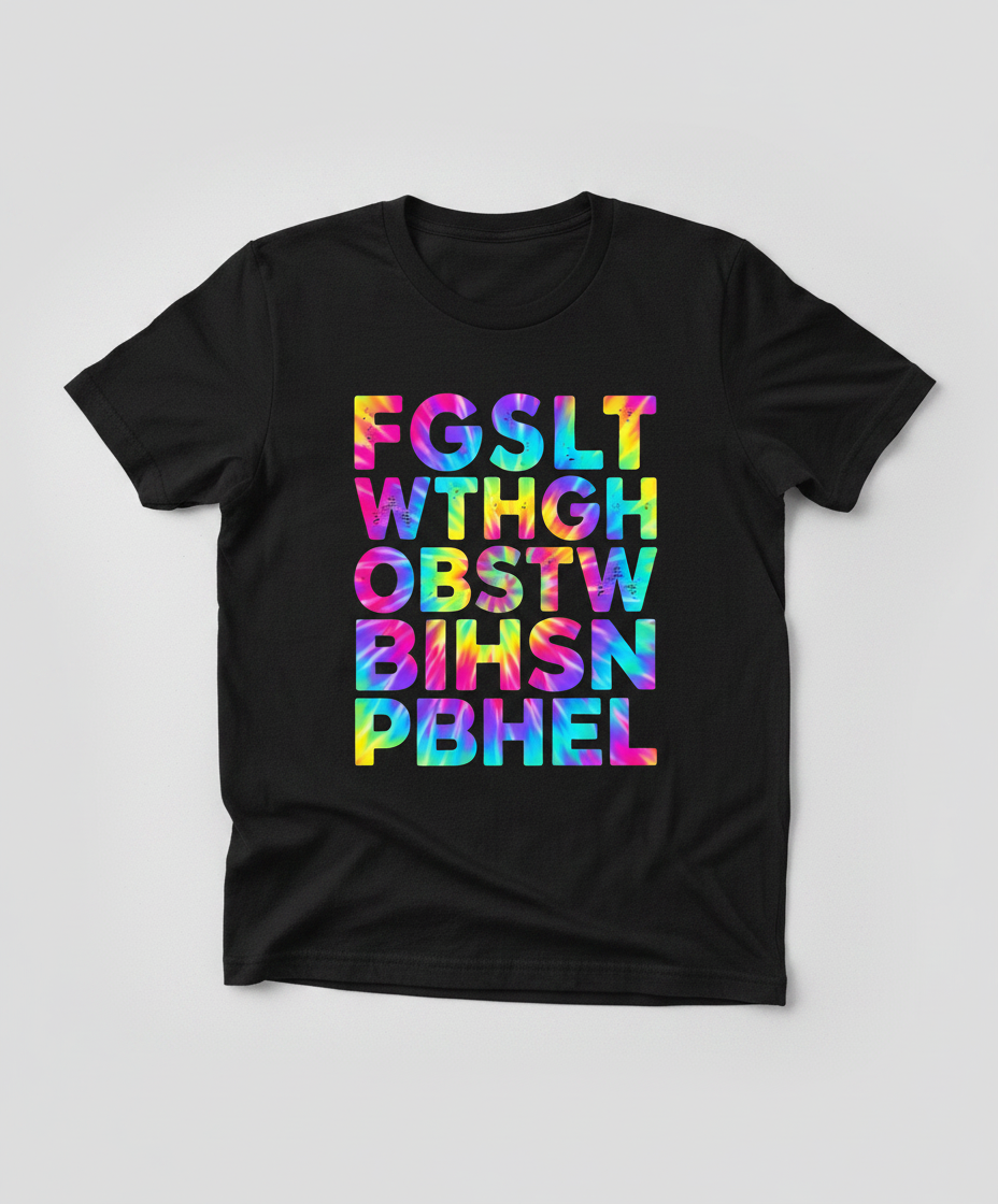 Colorful Tie-Dye Block Letters T-Shirt - Black