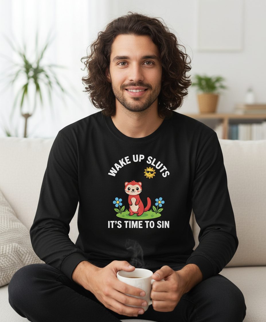 WAKE UP SLUTS IT'S TIME TO SIN Funny Ferret Long Sleeve Tee - lifestyle model mockup - Black
