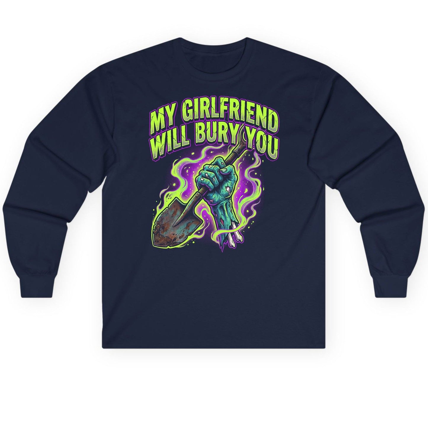 My Girlfriend Will Bury You zombie Long Sleeve Tee Navy product mockup