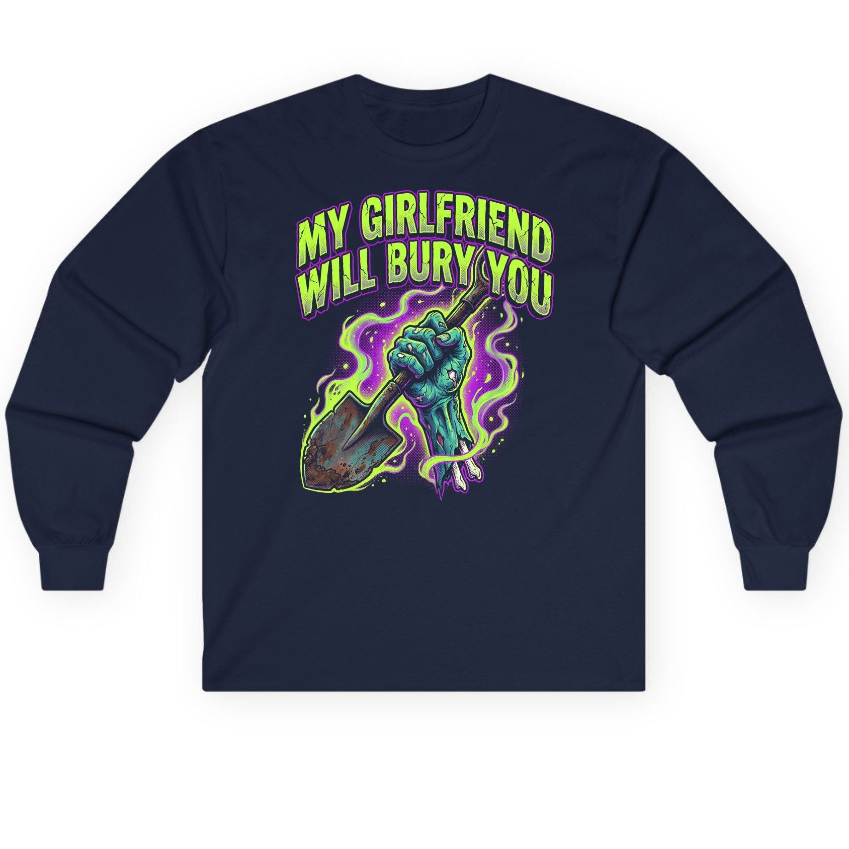 My Girlfriend Will Bury You zombie Long Sleeve Tee Navy product mockup