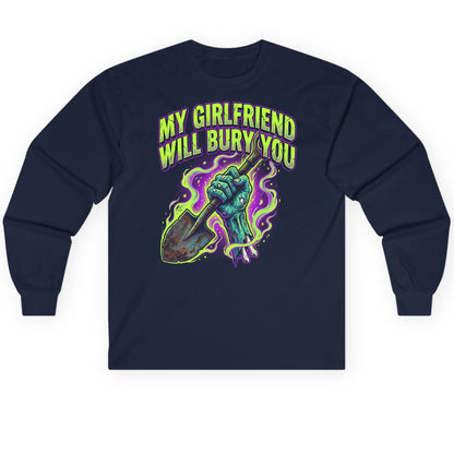 My Girlfriend Will Bury You zombie Long Sleeve Tee Navy product mockup